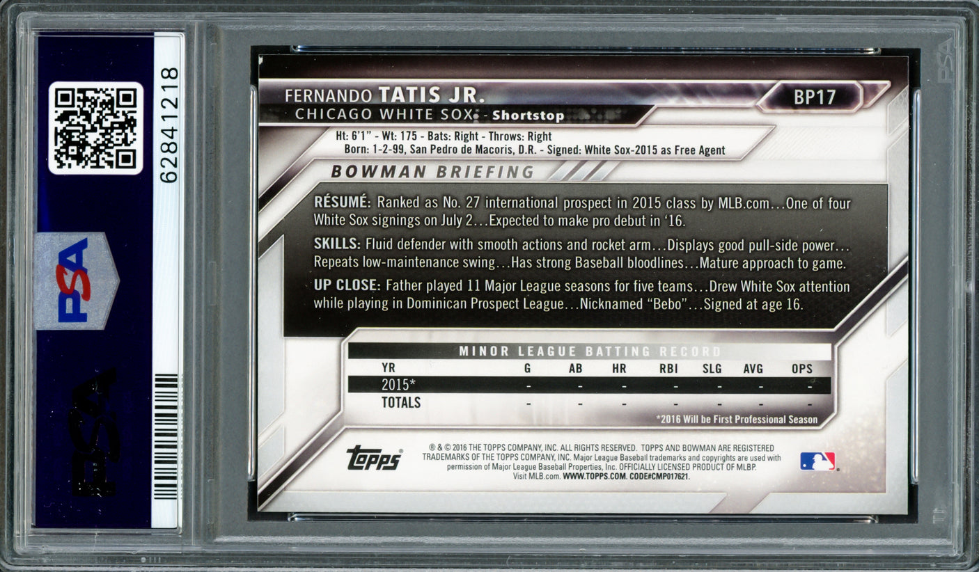 Fernando Tatis Jr. Autographed 2016 Bowman Prospects Rookie Card #BP17 San Diego Padres PSA 8 Auto Grade Mint 9 PSA/DNA #62841218