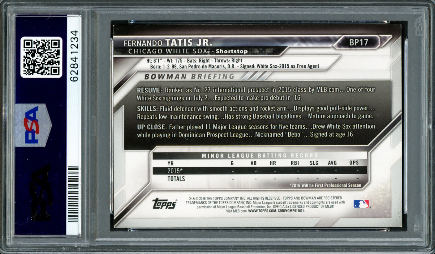 Fernando Tatis Jr. Autographed 2016 Bowman Prospects Rookie Card #BP17 San Diego Padres PSA 6 Auto Grade Gem Mint 10 PSA/DNA #62841234