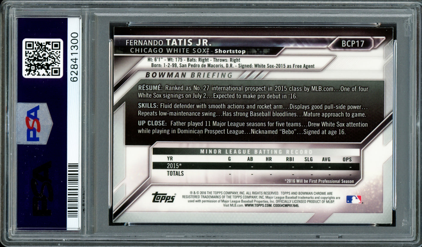 Fernando Tatis Jr. Autographed 2016 Bowman Chrome Prospects Rookie Card #BCP17 San Diego Padres PSA 9 Auto Grade Mint 9 PSA/DNA #62841300