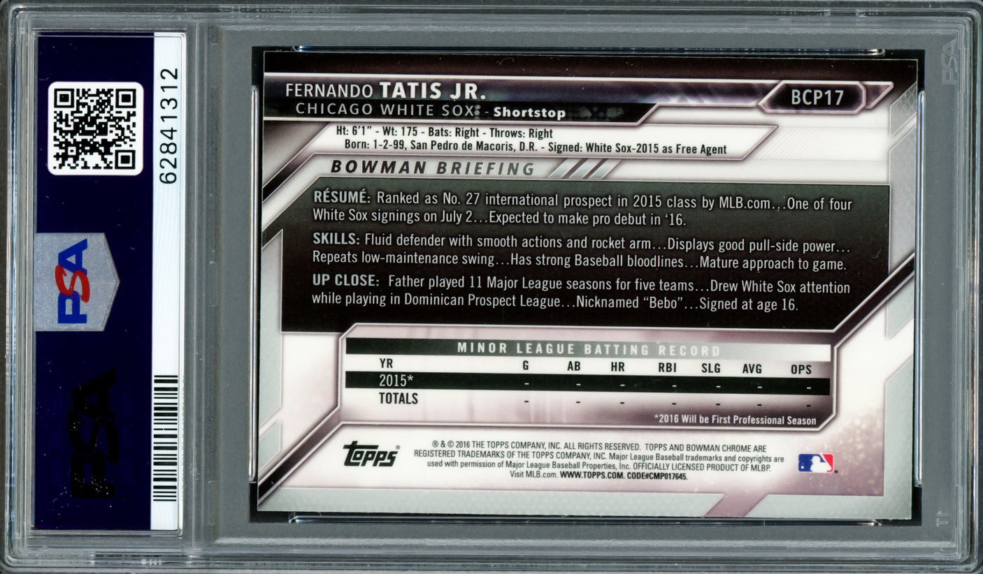Fernando Tatis Jr. Autographed 2016 Bowman Chrome Prospects Rookie Card #BCP17 San Diego Padres PSA 8 Auto Grade Gem Mint 10 PSA/DNA #62841312
