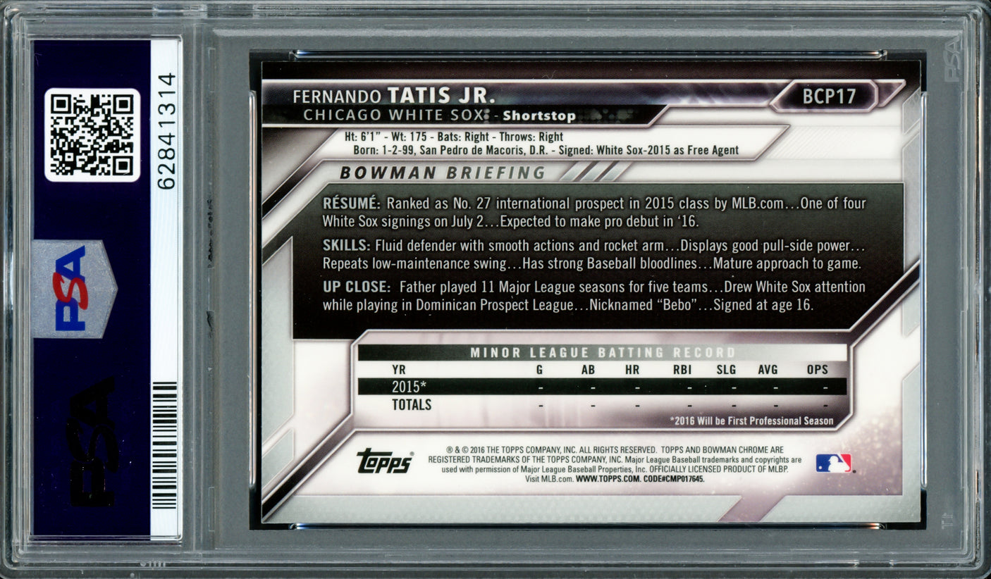 Fernando Tatis Jr. Autographed 2016 Bowman Chrome Prospects Rookie Card #BCP17 San Diego Padres PSA 8 Auto Grade Gem Mint 10 PSA/DNA #62841314