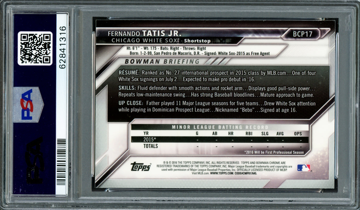 Fernando Tatis Jr. Autographed 2016 Bowman Chrome Prospects Rookie Card #BCP17 San Diego Padres PSA 7 Auto Grade Mint 9 PSA/DNA #62841316