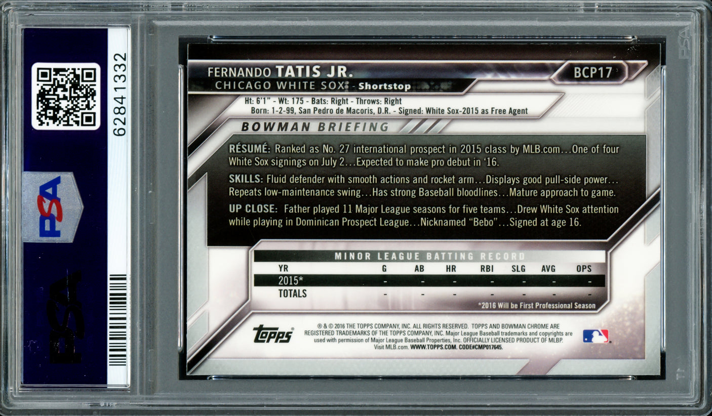 Fernando Tatis Jr. Autographed 2016 Bowman Chrome Prospects Rookie Card #BCP17 San Diego Padres PSA 7 Auto Grade Mint 9 PSA/DNA #62841332