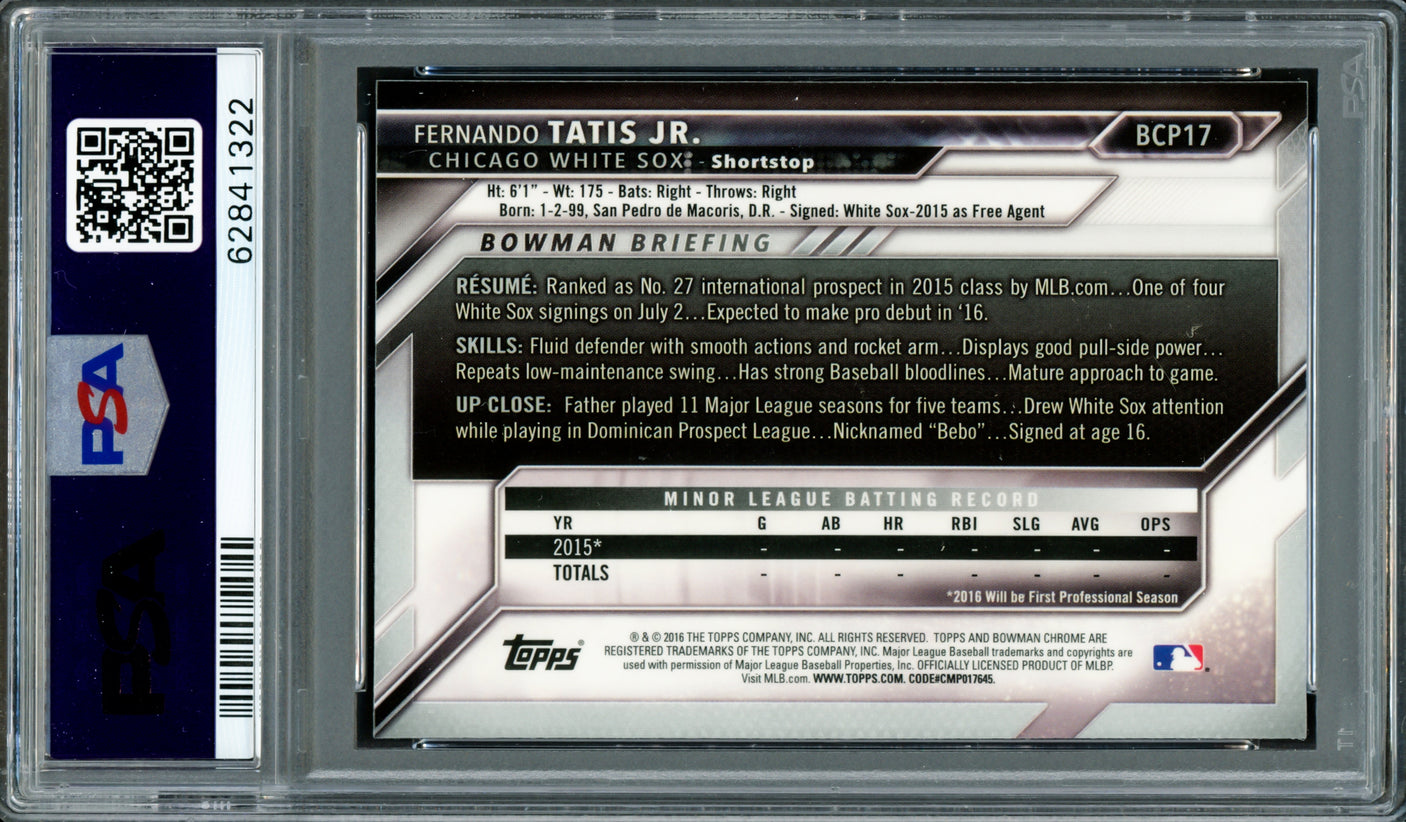 Fernando Tatis Jr. Autographed 2016 Bowman Chrome Prospects Rookie Card #BCP17 San Diego Padres PSA 5 Auto Grade Gem Mint 10 PSA/DNA #62841322