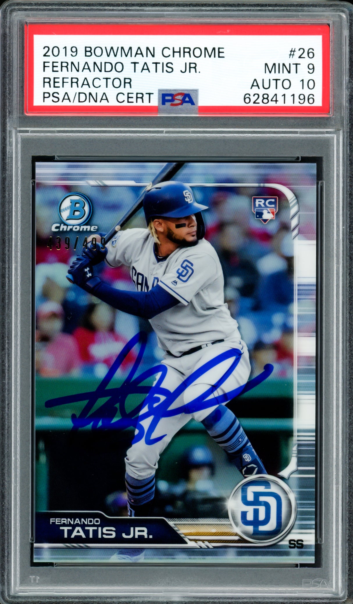 Fernando Tatis Jr. Autographed 2019 Bowman Chrome Refractor Rookie Card #26 San Diego Padres PSA 9 Auto Grade Gem Mint 10 #439/499 PSA/DNA #62841196