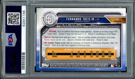 Fernando Tatis Jr. Autographed 2019 Bowman Chrome Refractor Rookie Card #26 San Diego Padres PSA 9 Auto Grade Gem Mint 10 #439/499 PSA/DNA #62841196