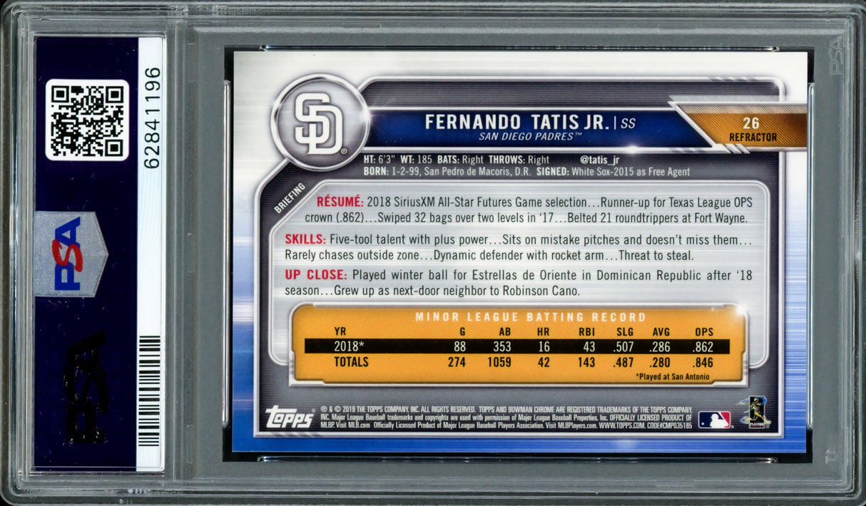 Fernando Tatis Jr. Autographed 2019 Bowman Chrome Refractor Rookie Card #26 San Diego Padres PSA 9 Auto Grade Gem Mint 10 #439/499 PSA/DNA #62841196