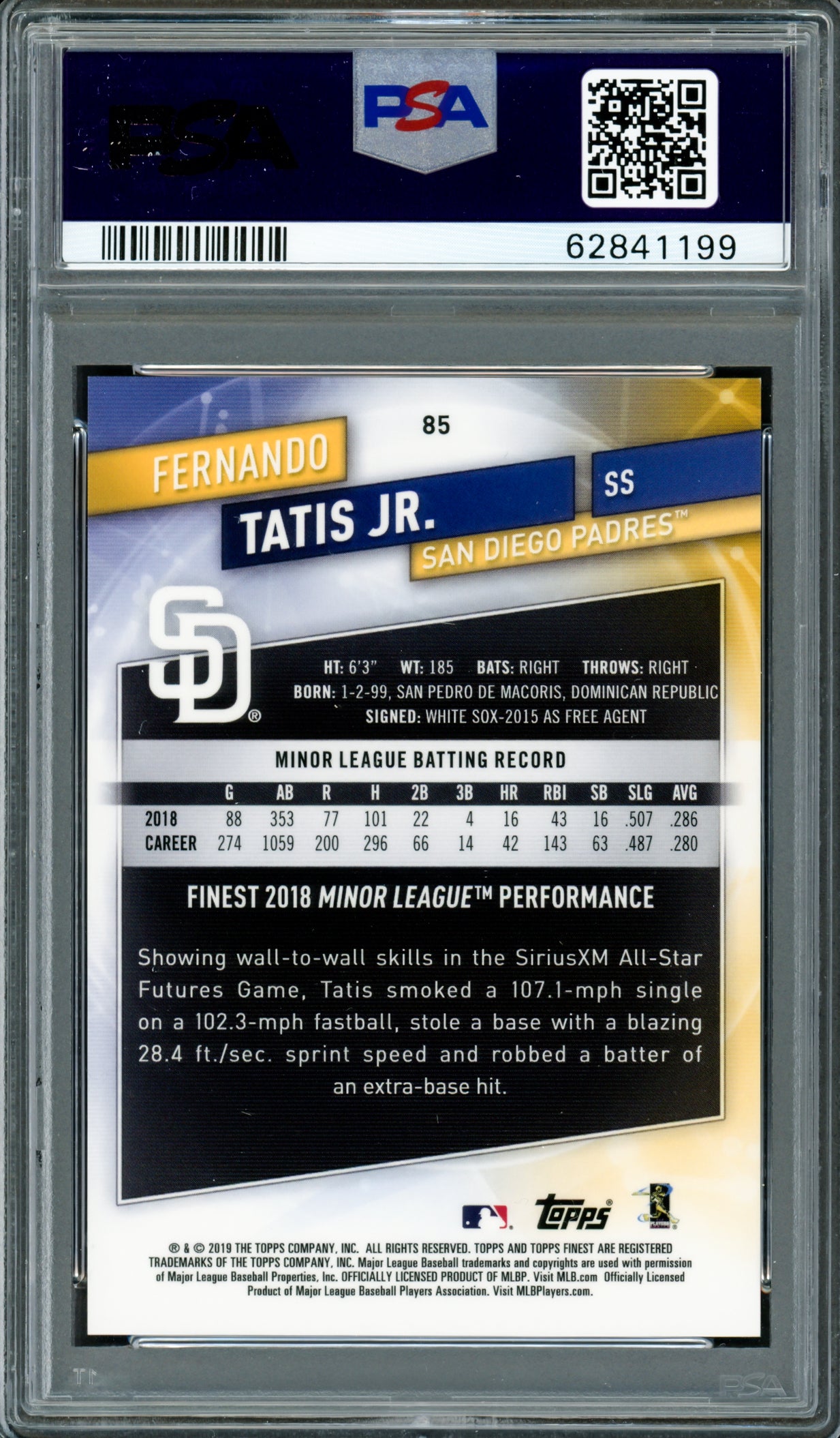 Fernando Tatis Jr. Autographed 2019 Topps Finest Purple Refractor Rookie Card #85 San Diego Padres PSA 9 Auto Grade Gem Mint 10 #15/250 PSA/DNA #62841199