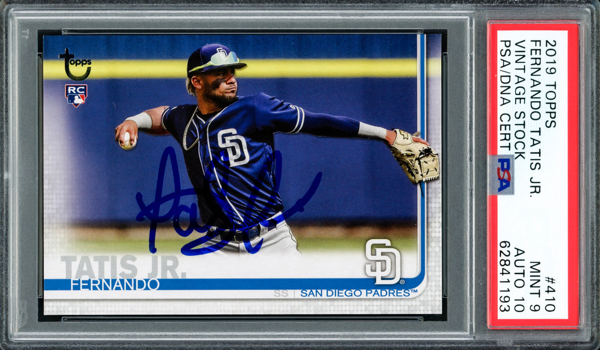 Fernando Tatis Jr. Autographed 2019 Topps Vintage Stock Rookie Card #410 San Diego Padres PSA 9 Auto Grade Gem Mint 10 Highest Graded PSA/DNA #62841193