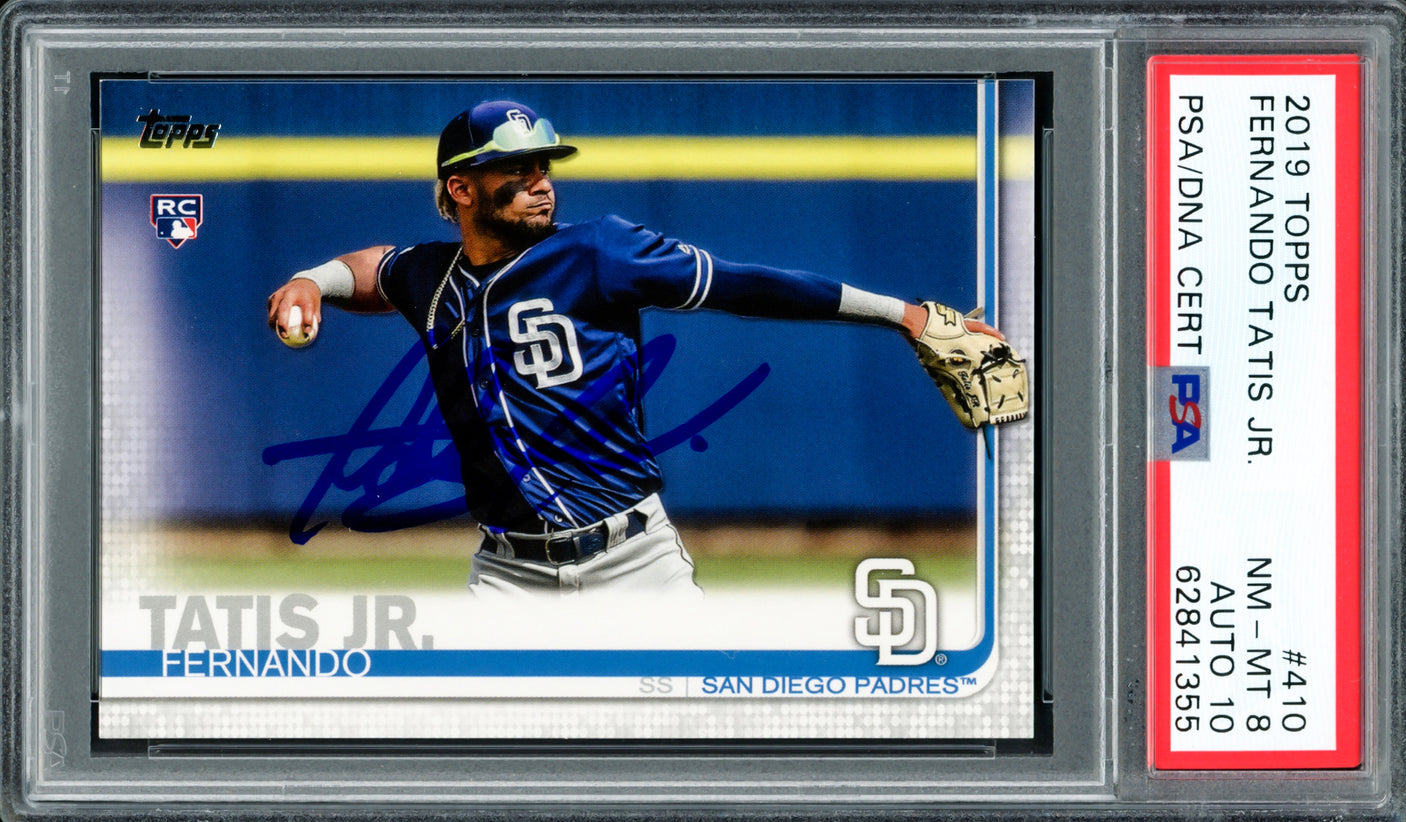 Fernando Tatis Jr. Autographed 2019 Topps Rookie Card #410 San Diego Padres PSA 8 Auto Grade Gem Mint 10 PSA/DNA Stock #208604