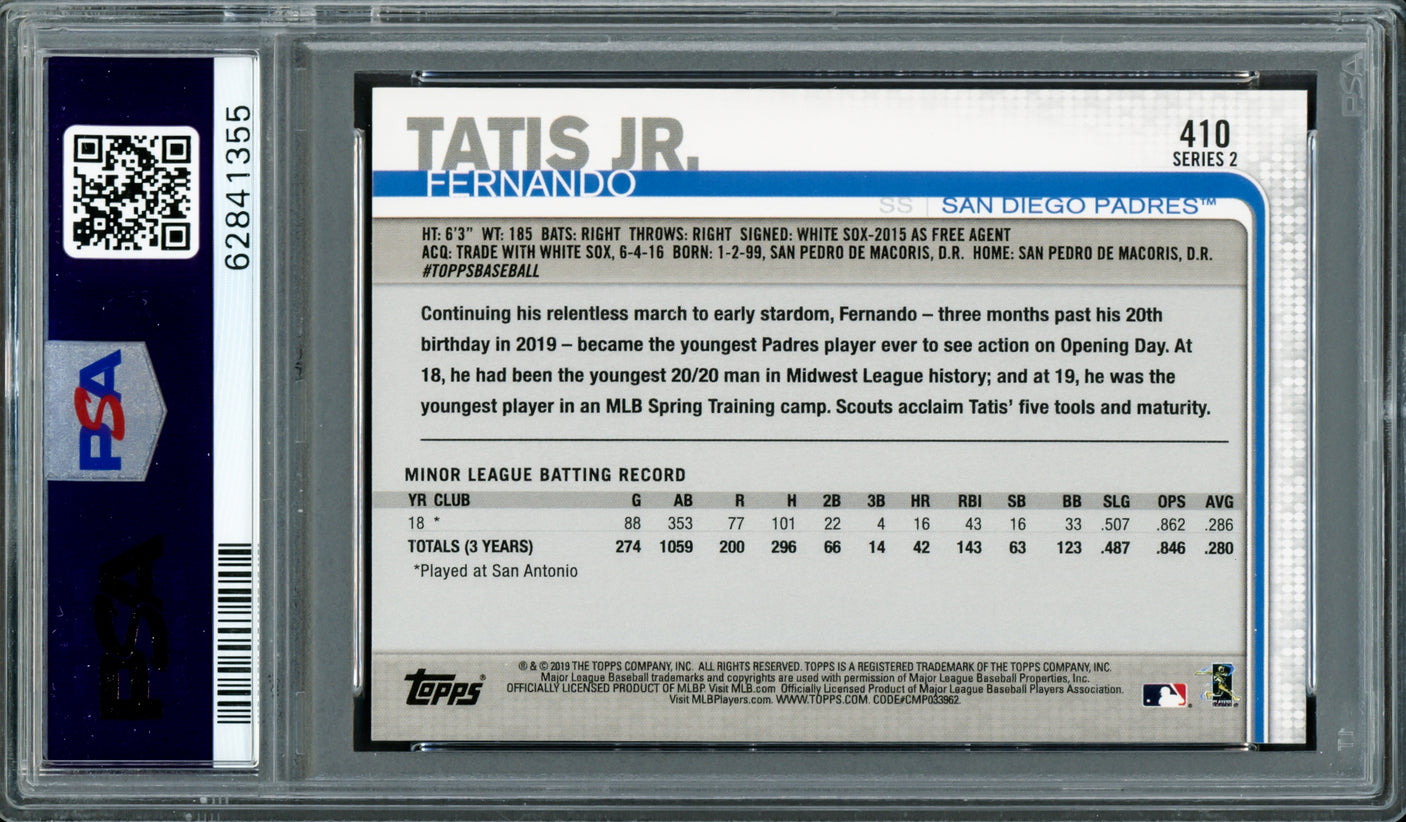 Fernando Tatis Jr. Autographed 2019 Topps Rookie Card #410 San Diego Padres PSA 8 Auto Grade Gem Mint 10 PSA/DNA Stock #208604