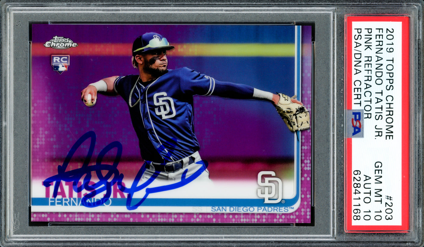 Fernando Tatis Jr. Autographed 2019 Topps Chrome Pink Refractor Rookie Card #203 San Diego Padres PSA 10 Auto Grade Gem Mint 10 PSA/DNA #62841168