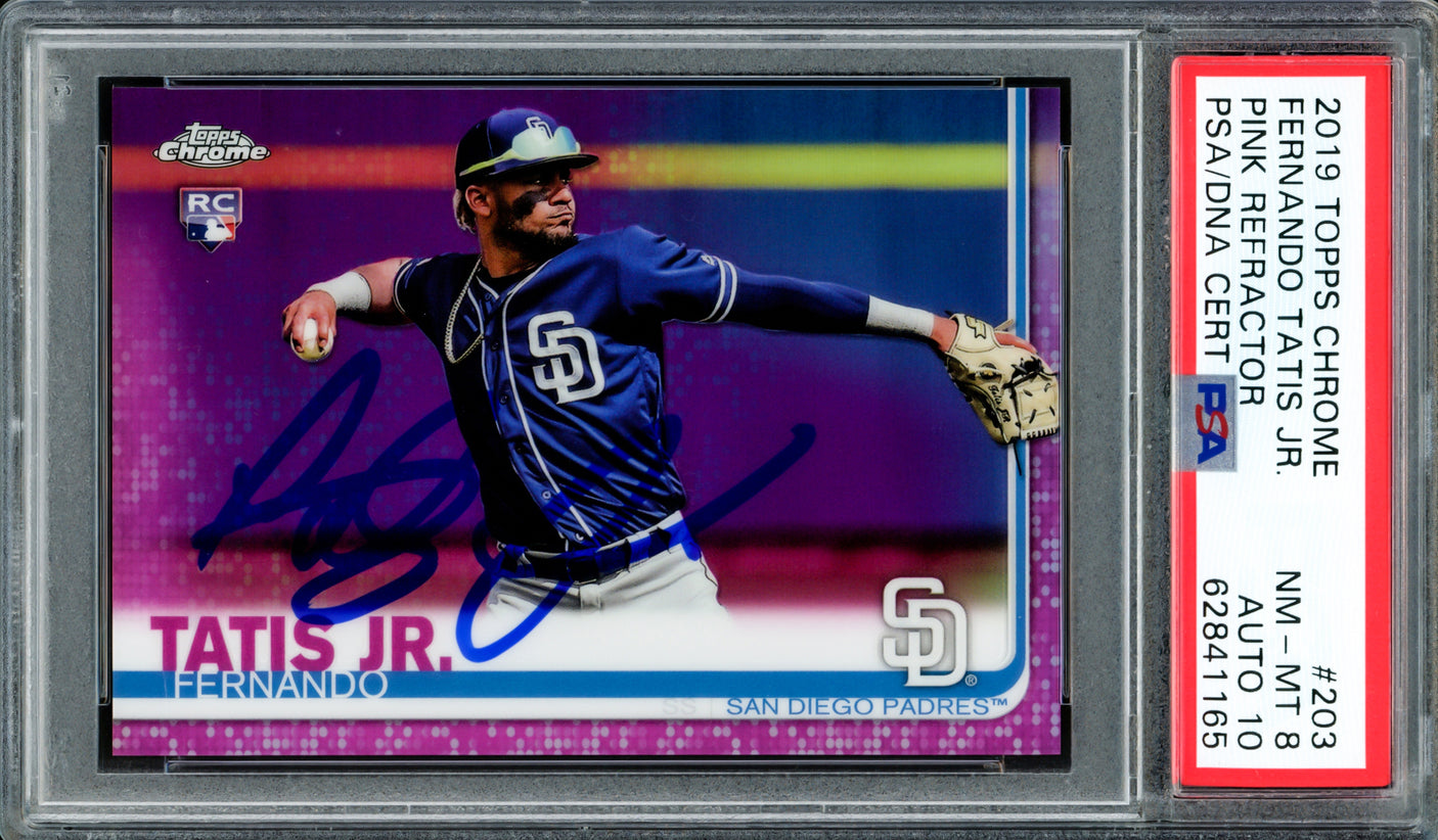 Fernando Tatis Jr. Autographed 2019 Topps Chrome Pink Refractor Rookie Card #203 San Diego Padres PSA 8 Auto Grade Gem Mint 10 PSA/DNA #62841165