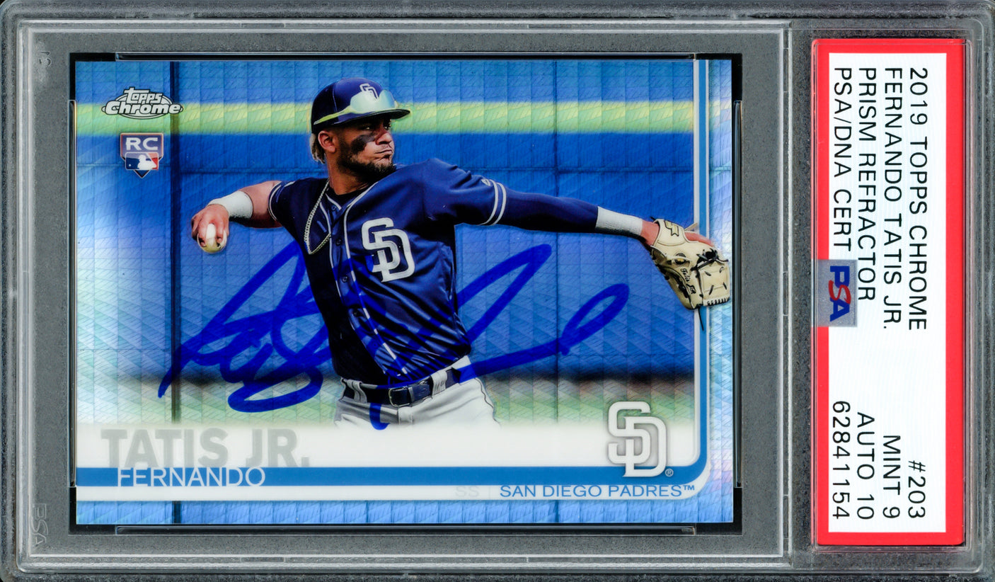 Fernando Tatis Jr. Autographed 2019 Topps Chrome Prism Refractor Rookie Card #203 San Diego Padres PSA 9 Auto Grade Gem Mint 10 PSA/DNA #62841154