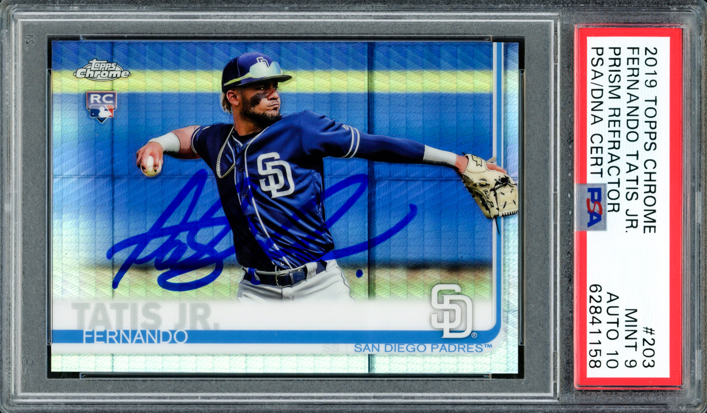 Fernando Tatis Jr. Autographed 2019 Topps Chrome Prism Refractor Rookie Card #203 San Diego Padres PSA 9 Auto Grade Gem Mint 10 PSA/DNA #62841158