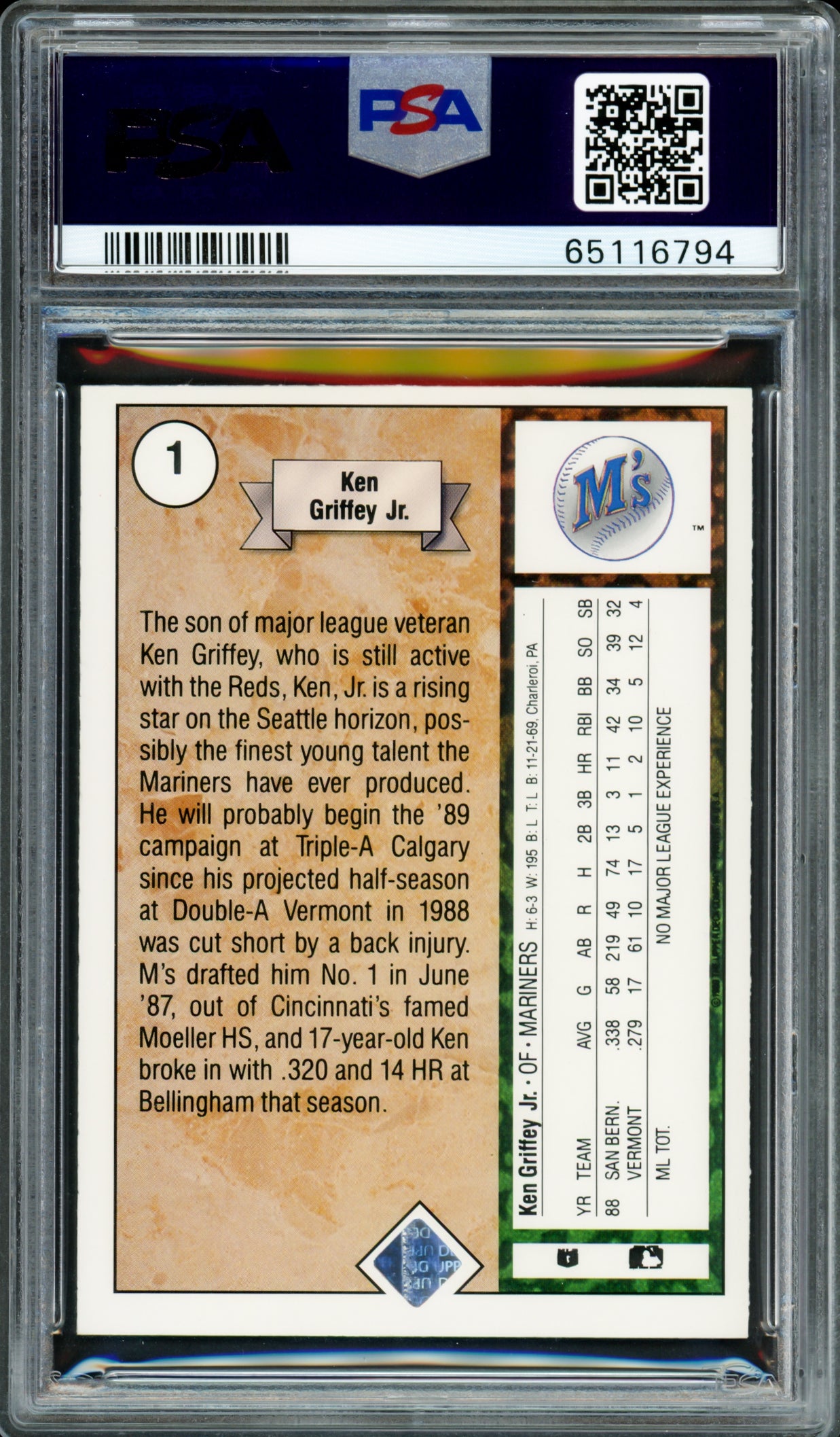 Ken Griffey Jr. Autographed 1989 Upper Deck Rookie Card #1 Seattle Mariners PSA 7 Auto Grade Mint 9 PSA/DNA #65116794