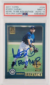 Ichiro Suzuki Autographed 2001 Topps Home Team Advantage Rookie Card #726 Seattle Mariners PSA 9 Auto Grade Gem Mint 10 "01 ROY/MVP" Highest Graded PSA/DNA #64838082