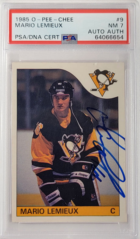 Mario Lemieux Autographed 1985 O-Pee-Chee Rookie Card #9 Pittsburgh Penguins PSA 7 PSA/DNA #64066654