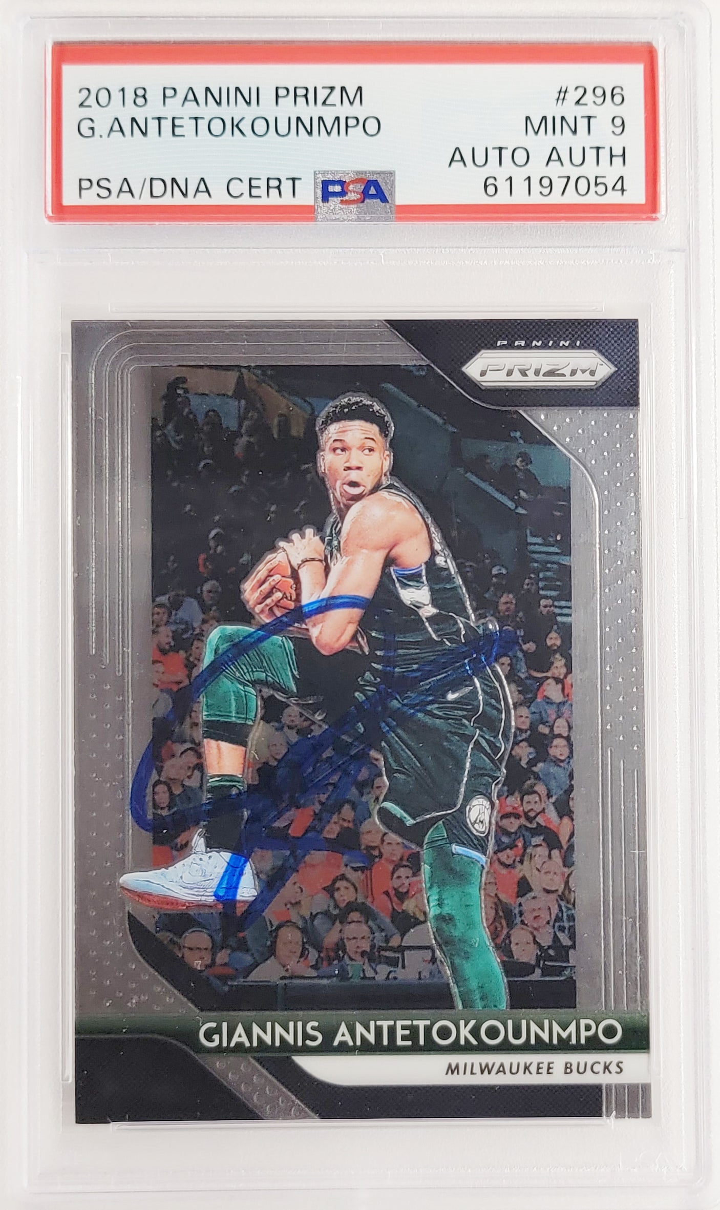 Giannis Antetokounmpo Autographed 2018 Panini Prizm Card #296 Milwaukee Bucks PSA 9 PSA/DNA Stock #208484