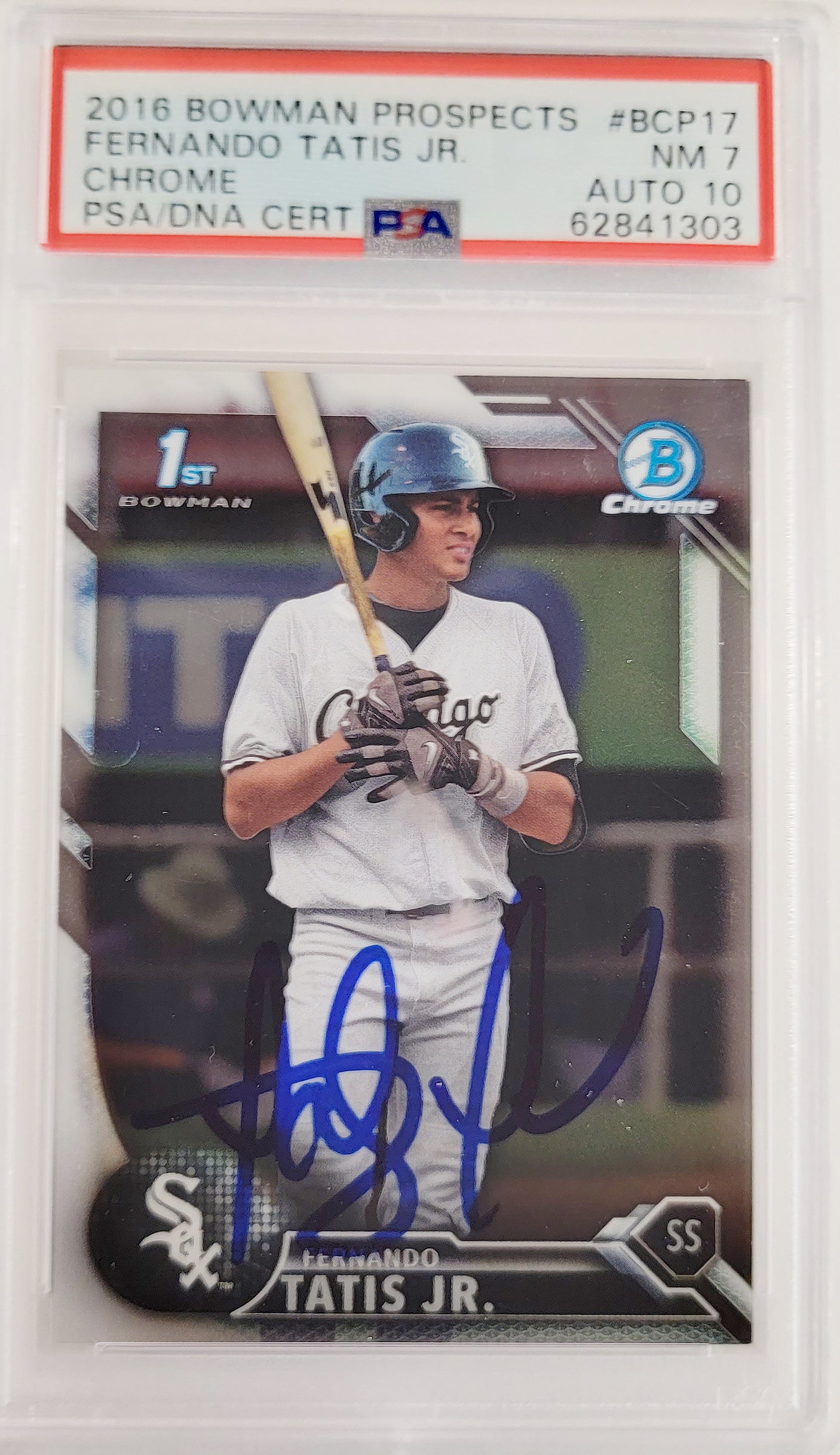 Fernando Tatis Jr. Autographed 2016 Bowman Chrome Prospects Rookie Card #BCP17 San Diego Padres PSA 7 Auto Grade Gem Mint 10 PSA/DNA Stock #208582
