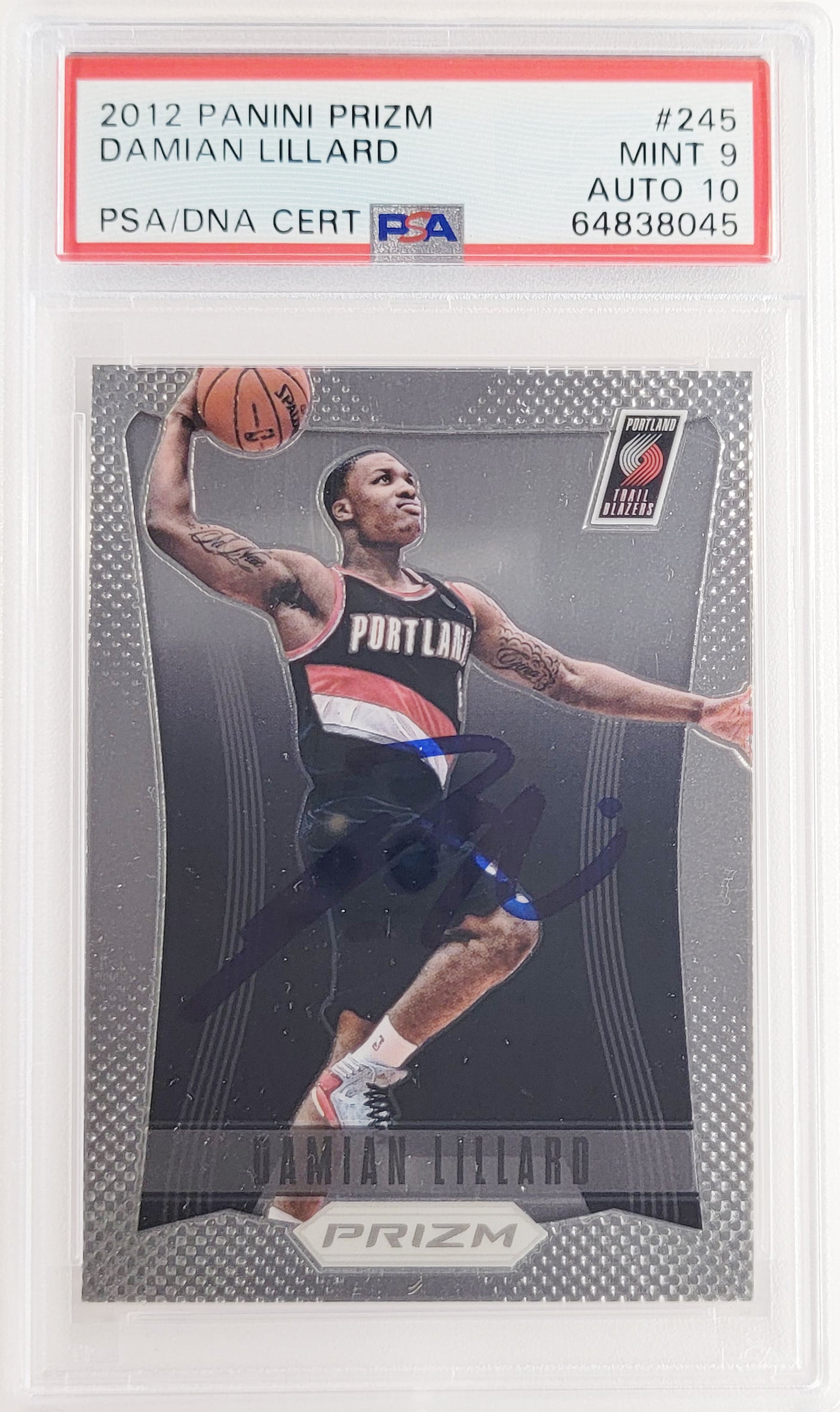 Damian Lillard Autographed 2012-13 Panini Prizm Rookie Card #245 Portland Trail Blazers PSA 9 Auto Grade Gem Mint 10 On Card PSA/DNA #64838045