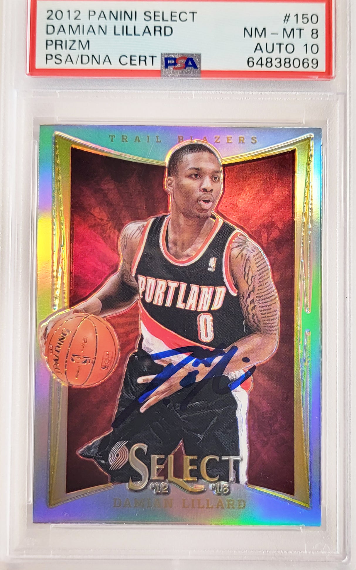 Damian Lillard Autographed 2012 Panini Select Silver Prizm Rookie Card #150 Portland Trail Blazers PSA 8 Auto Grade Gem Mint 10 On Card PSA/DNA #64838069