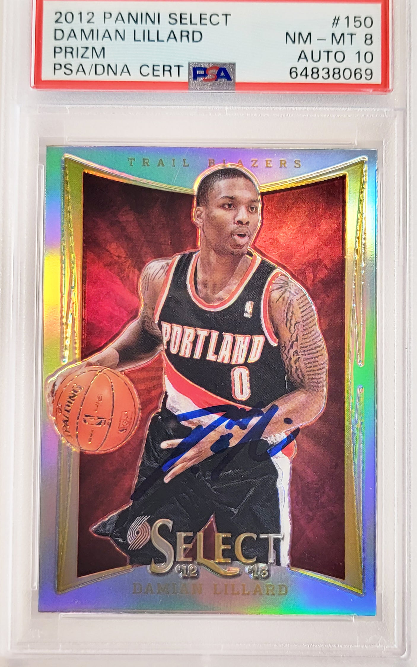 Damian Lillard Autographed 2012 Panini Select Silver Prizm Rookie Card #150 Portland Trail Blazers PSA 8 Auto Grade Gem Mint 10 On Card PSA/DNA #64838069