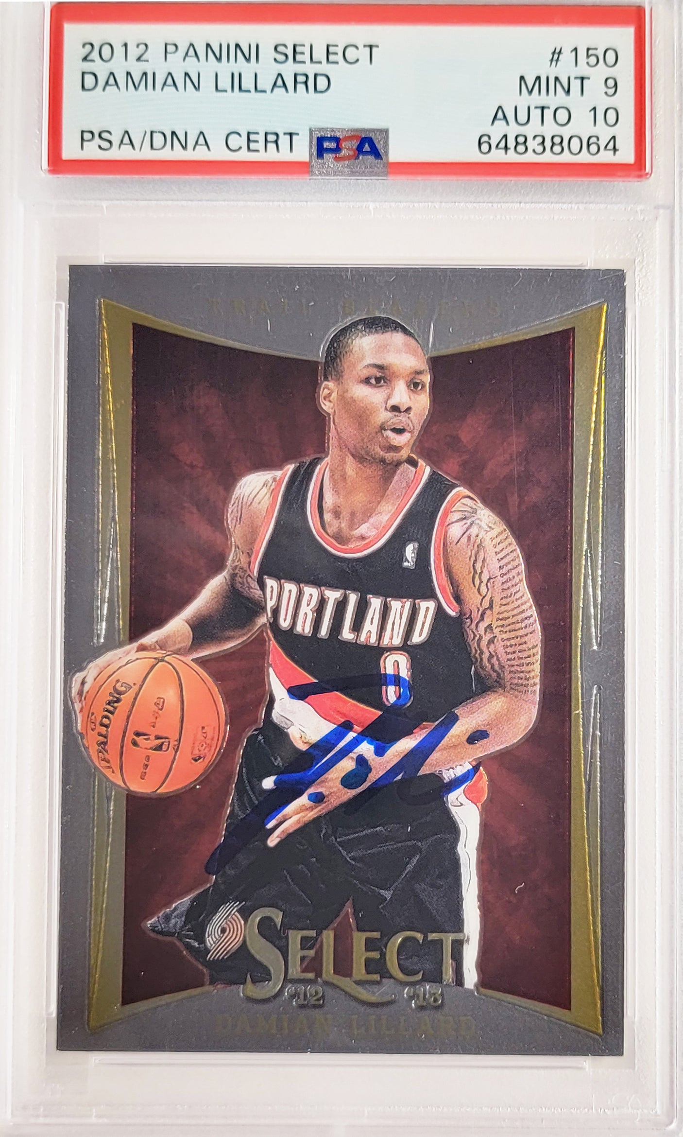 Damian Lillard Autographed 2012-13 Panini Select Rookie Card #150 Portland Trail Blazers PSA 9 Auto Grade Gem Mint 10 On Card PSA/DNA #64838064