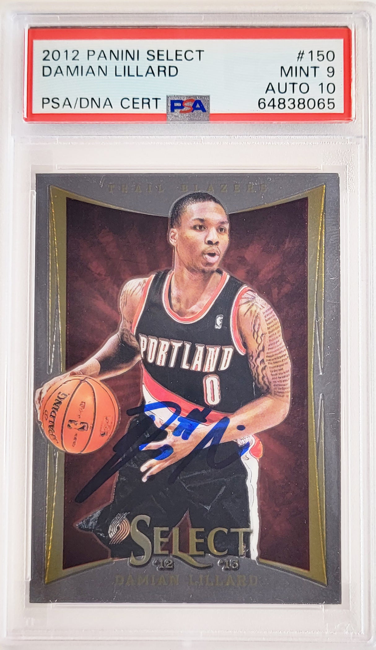 Damian Lillard Autographed 2012 Panini Select Rookie Card #150 Portland Trail Blazers PSA 9 Auto Grade Gem Mint 10 On Card PSA/DNA #64838065