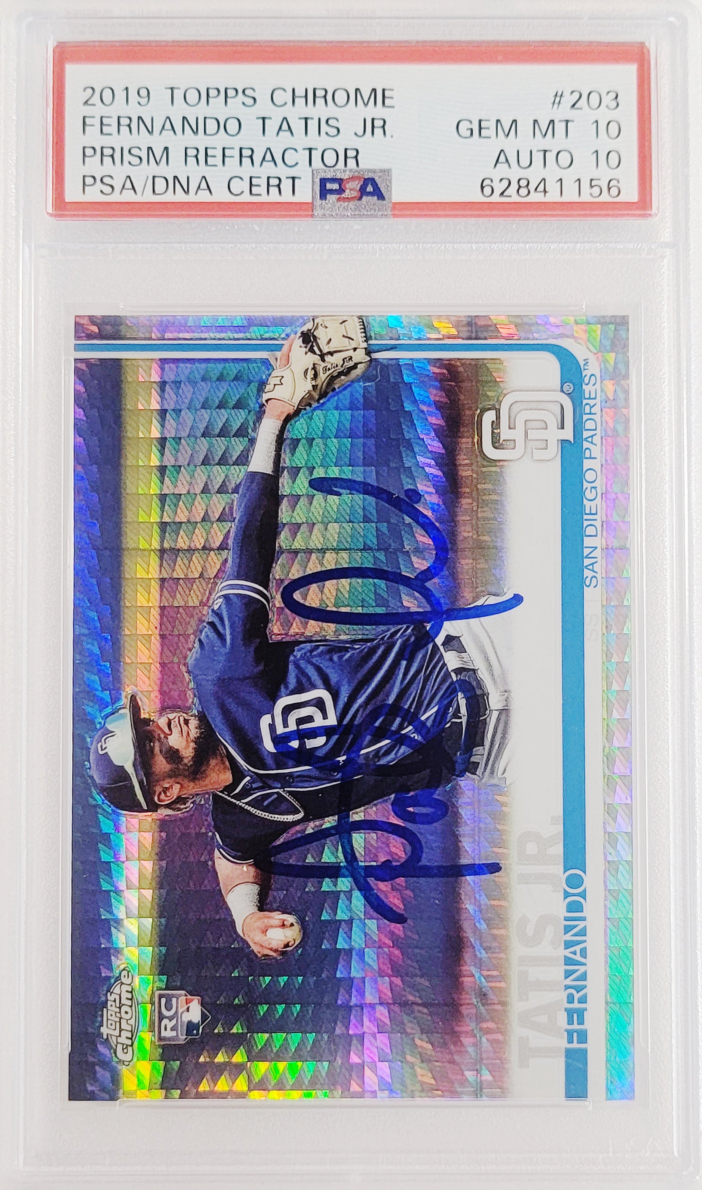 Fernando Tatis Jr. Autographed 2019 Topps Chrome Prism Refractor Rookie Card #203 San Diego Padres PSA 10 Auto Grade Gem Mint 10 PSA/DNA #62841156