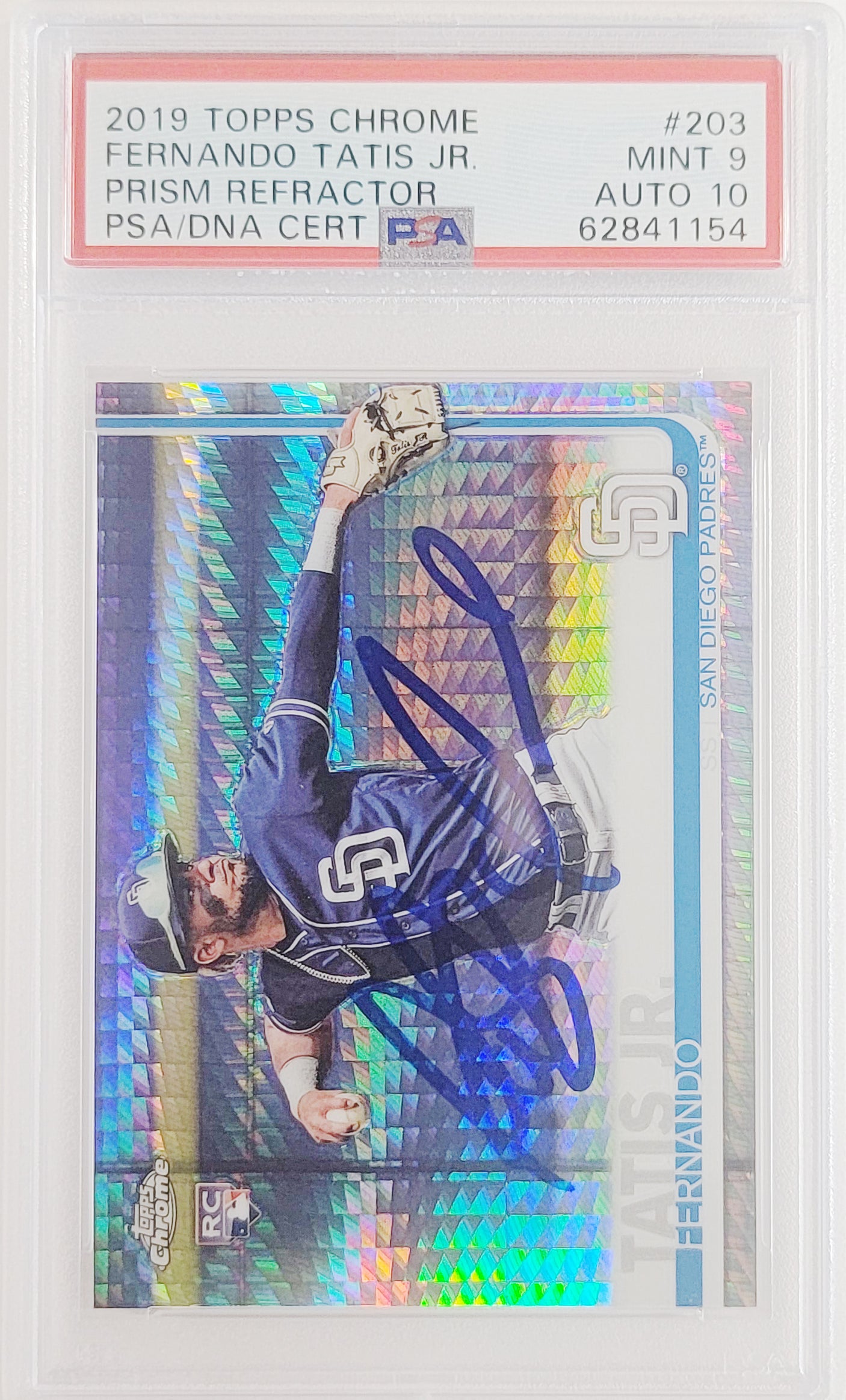 Fernando Tatis Jr. Autographed 2019 Topps Chrome Prism Refractor Rookie Card #203 San Diego Padres PSA 9 Auto Grade Gem Mint 10 PSA/DNA #62841154