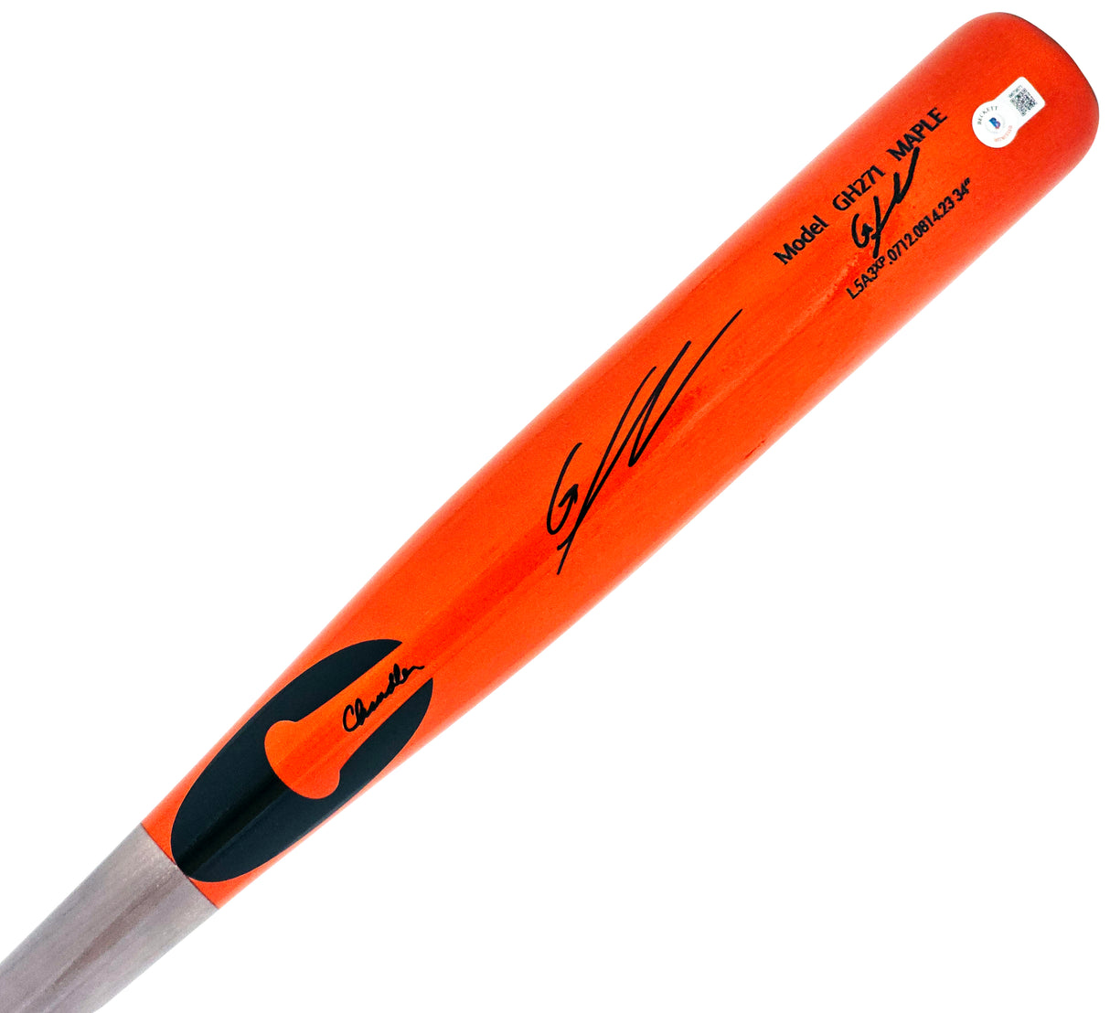 Gunnar Henderson Autographed Orange Chandler Player Model Bat Baltimore Orioles Beckett BAS Witness Stock #220504
