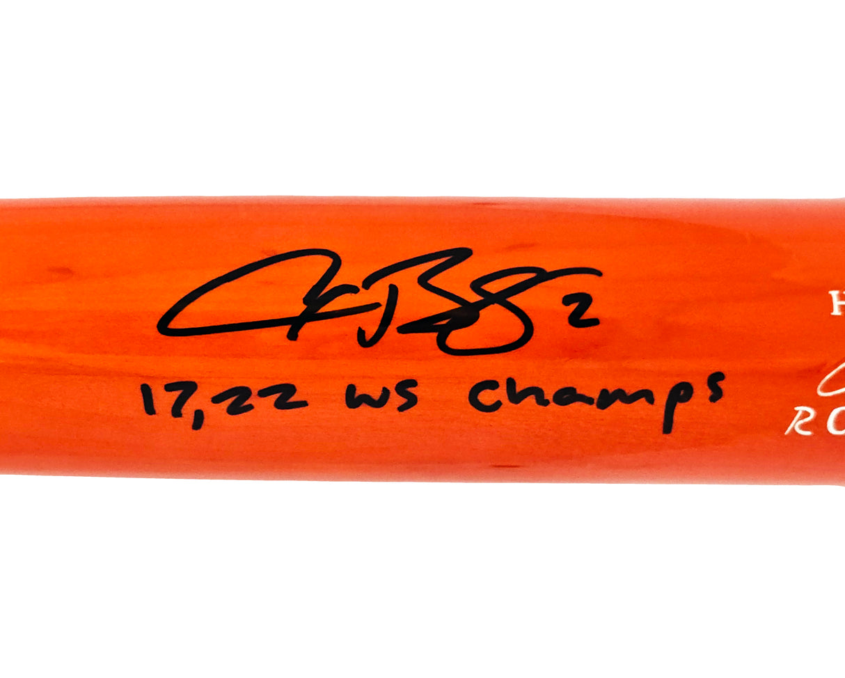 Alex Bregman Autographed Orange Marucci Player Model Bat Houston Astros "17, 22 WS Champs" Beckett BAS Witness Stock #220443