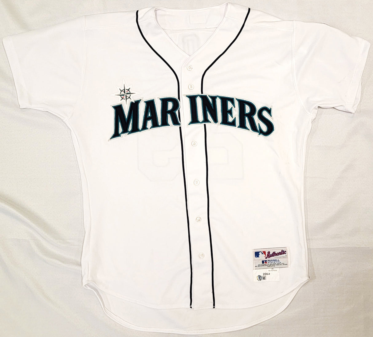Seattle Mariners Bret Boone Autographed White Game Used 2003 Russell Jersey Size 46 Beckett BAS #BD47905