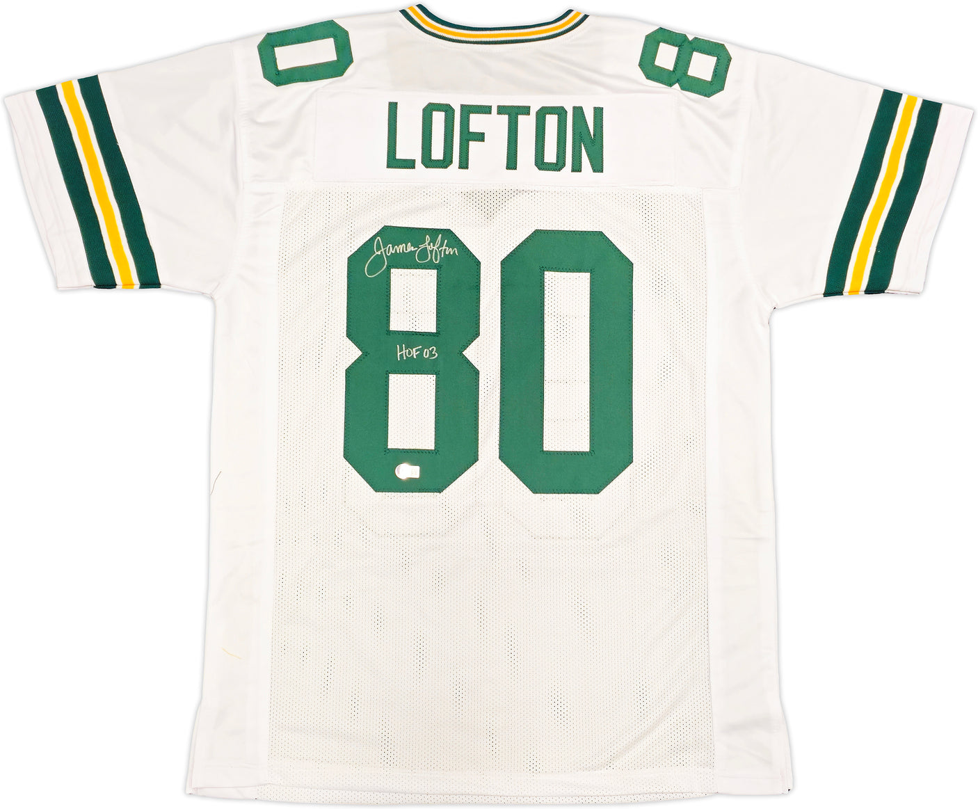 Green Bay Packers James Lofton Autographed White Jersey "HOF 03" Beckett BAS Witness Stock #234508