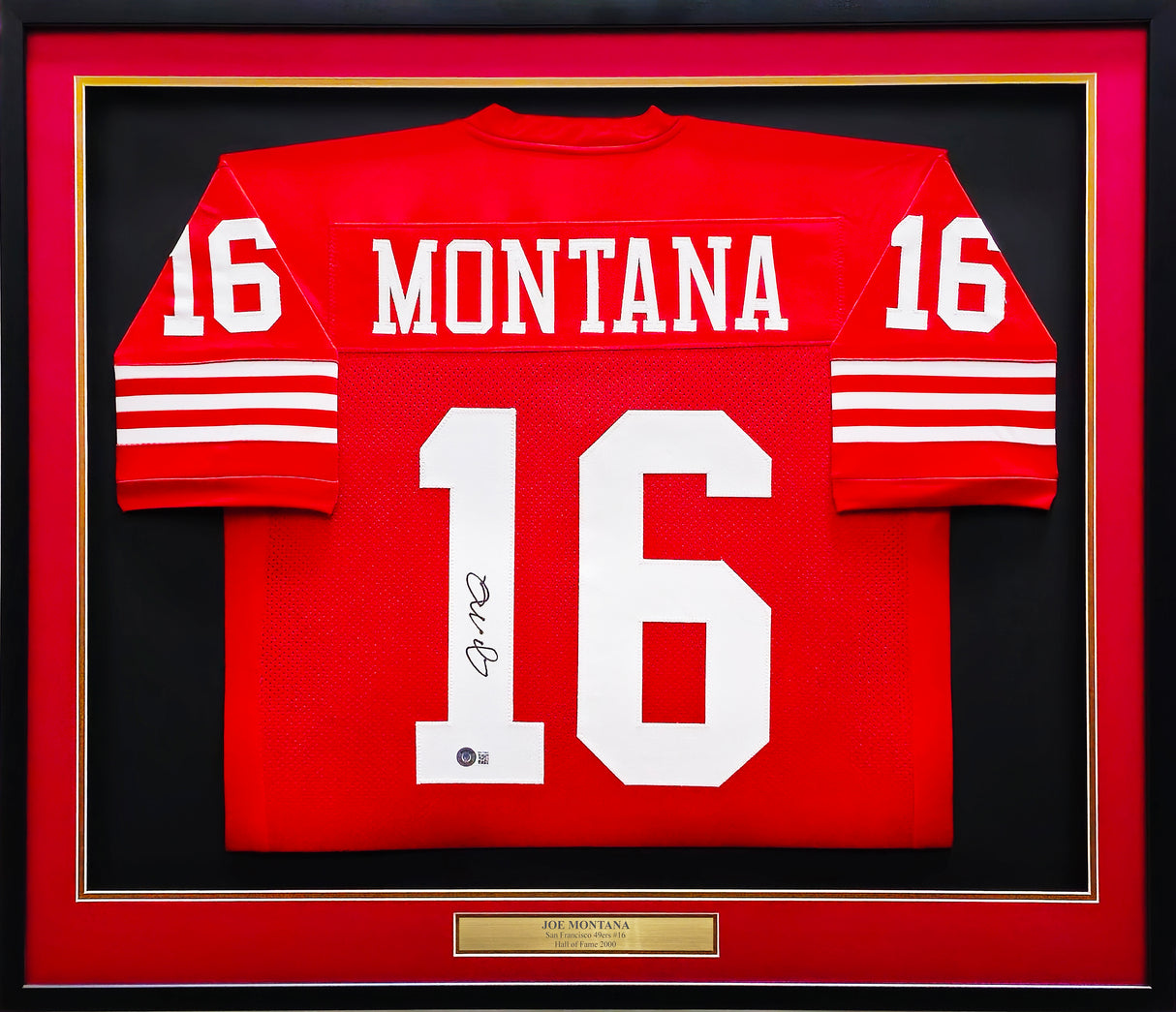 San Francisco 49ers Joe Montana Autographed Framed Red Jersey Beckett BAS QR Stock #233685