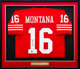 San Francisco 49ers Joe Montana Autographed Framed Red Jersey Beckett BAS QR Stock #233685
