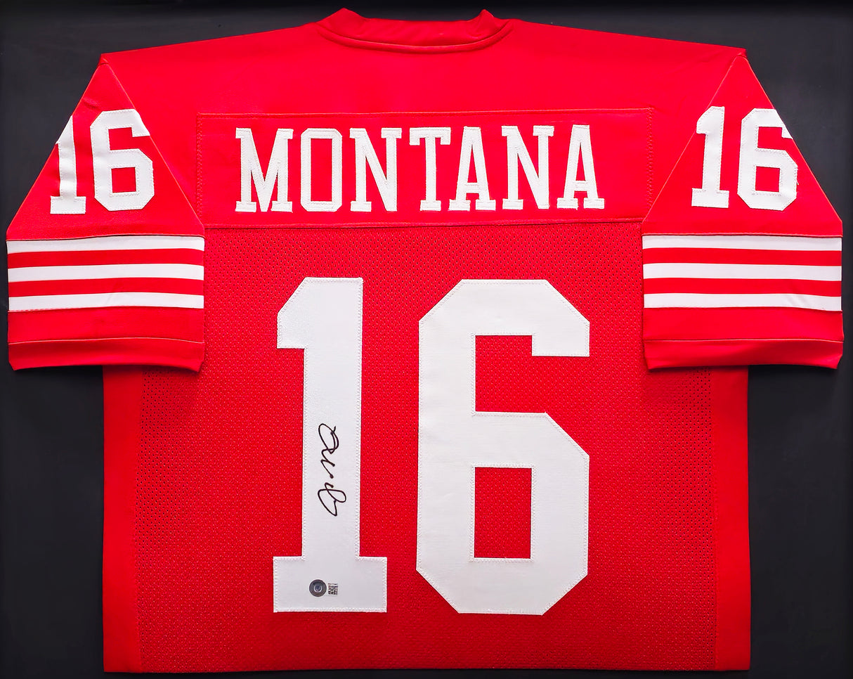 San Francisco 49ers Joe Montana Autographed Framed Red Jersey Beckett BAS QR Stock #233685