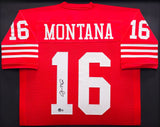 San Francisco 49ers Joe Montana Autographed Framed Red Jersey Beckett BAS QR Stock #233685