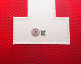 San Francisco 49ers Joe Montana Autographed Framed Red Jersey Beckett BAS QR Stock #233685