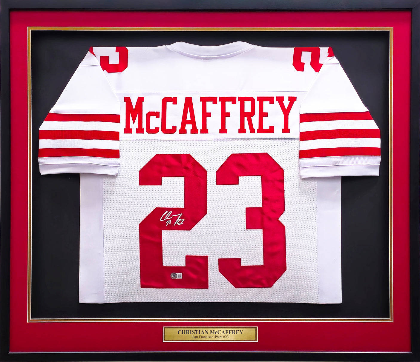San Francisco 49ers Christian McCaffrey Autographed Framed White Jersey Beckett BAS QR Stock #233686