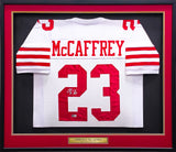 San Francisco 49ers Christian McCaffrey Autographed Framed White Jersey Beckett BAS QR Stock #233686