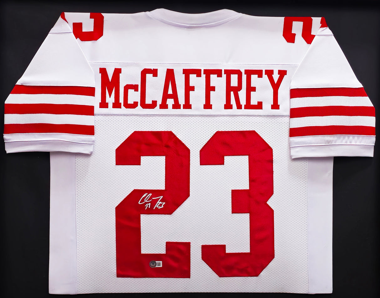San Francisco 49ers Christian McCaffrey Autographed Framed White Jersey Beckett BAS QR Stock #233686