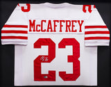 San Francisco 49ers Christian McCaffrey Autographed Framed White Jersey Beckett BAS QR Stock #233686