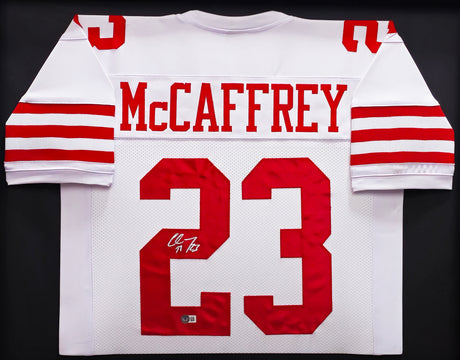 San Francisco 49ers Christian McCaffrey Autographed Framed White Jersey Beckett BAS QR Stock #233686