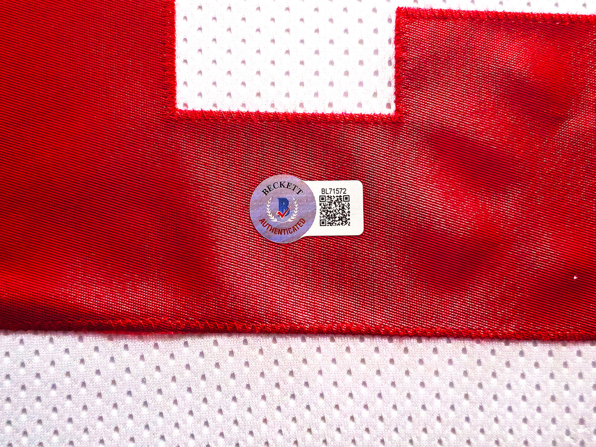 San Francisco 49ers Christian McCaffrey Autographed Framed White Jersey Beckett BAS QR Stock #233686
