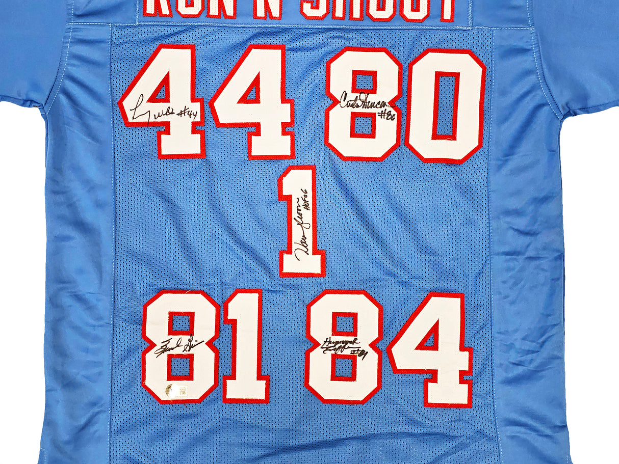 Houston Oilers Run & Shoot Autographed Baby Blue Jersey With 5 Signatures Including Warren Moon Beckett BAS Witness Stock #220384
