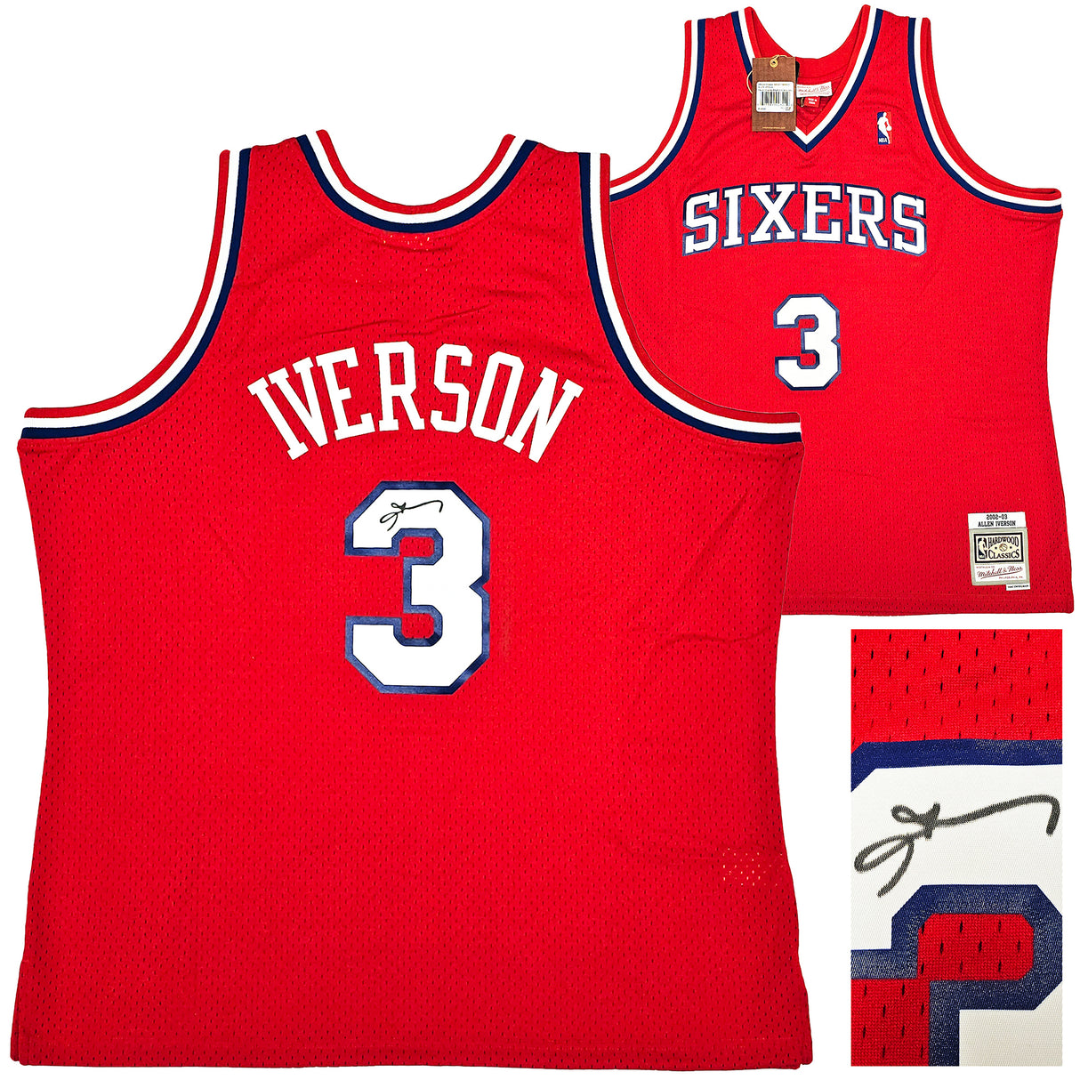 Philadelphia 76ers Allen Iverson Autographed Red Authentic Mitchell & Ness 2002-03 HWC Swingman Jersey Size XXL Beckett BAS Witness Stock #220415