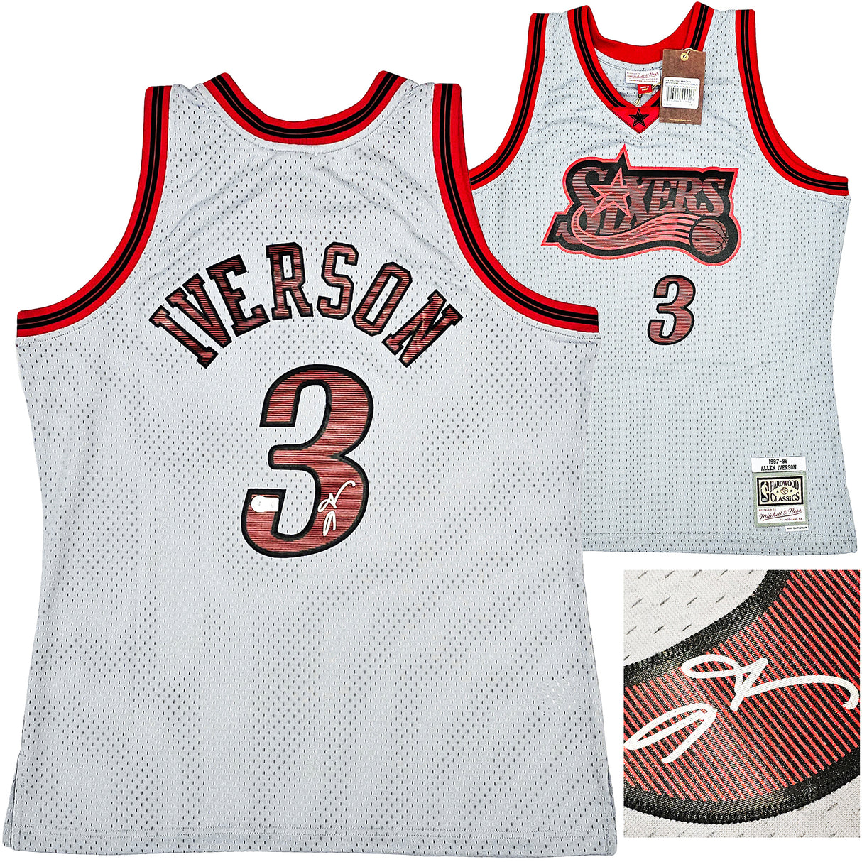Philadelphia 76ers Allen Iverson Autographed Grey Authentic Mitchell & Ness 1997-98 HWC Swingman Jersey Size L Beckett BAS Witness Stock #220429