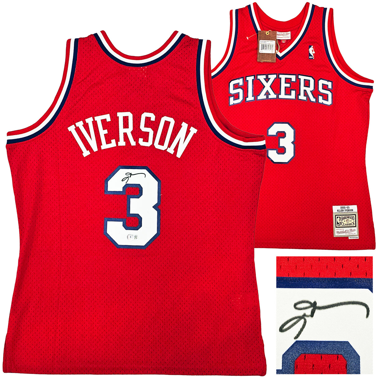 Philadelphia 76ers Allen Iverson Autographed Red Authentic Mitchell & Ness 2002-03 HWC Swingman Jersey Size L Beckett BAS Witness Stock #220413